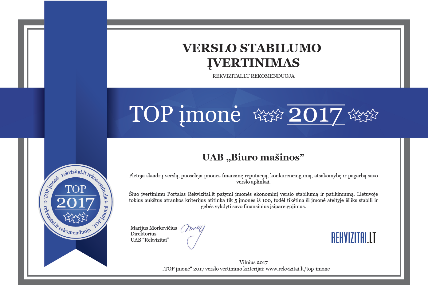Biuro masinos TOP imone 2017